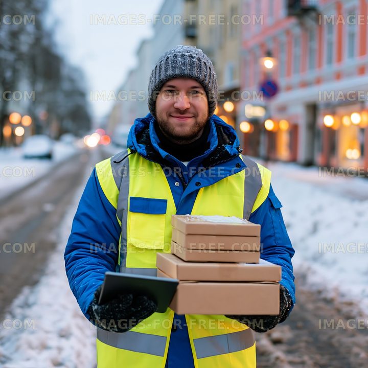Delivery worker holding packages on a snowy street