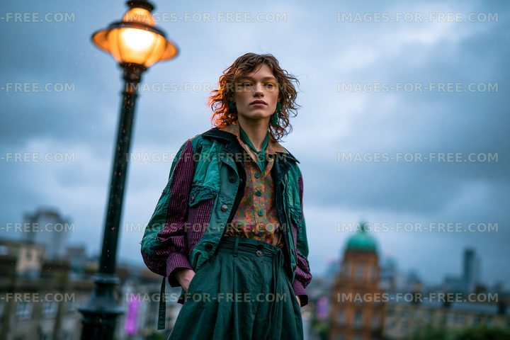 Model stands under a street lamp in the city during twilight