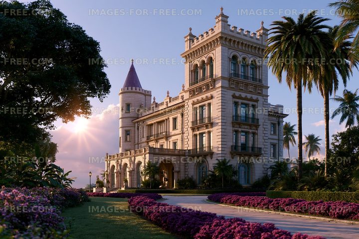 Beautiful mansion with garden and palm trees at sunset