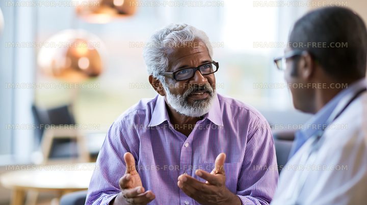 Senior man discussing health with doctor in a modern office