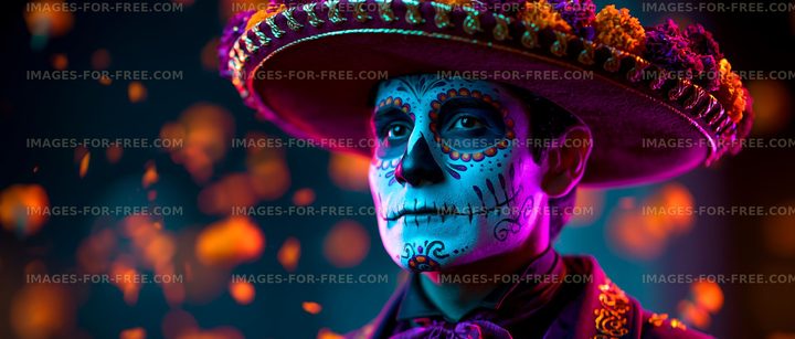 Man with skeleton face paint and sombrero during festival celebration