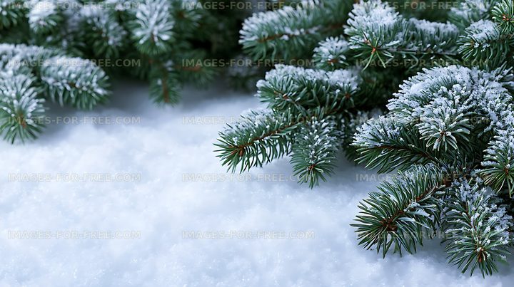 Snow-covered evergreen branches in winter landscape
