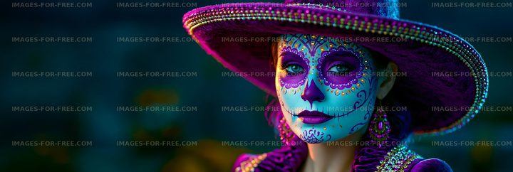 Colorful Day of the Dead celebration with woman in traditional dress