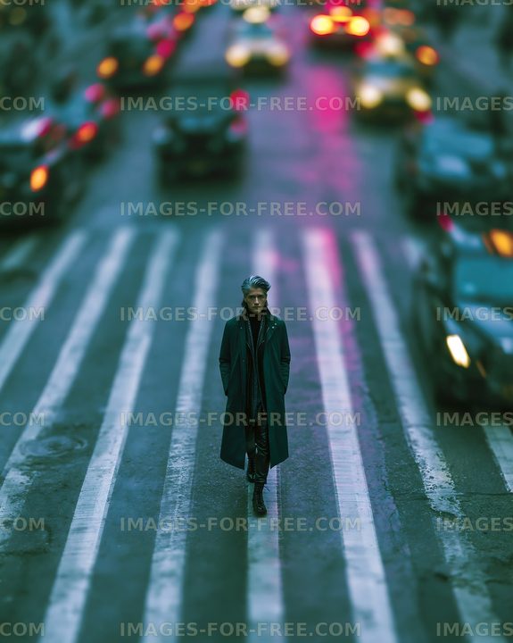 Person walking on crosswalk in busy street with cars