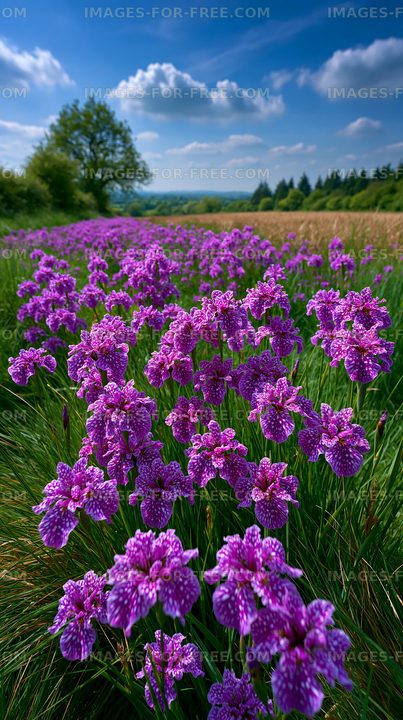 Purple flowers bloom in a field under a blue sky
