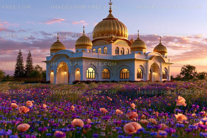 Colorful flowers surround a large building with domes at sunset