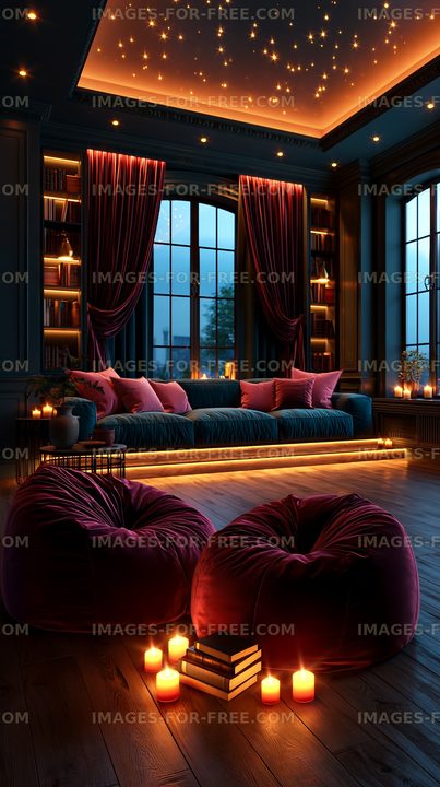 Cozy living room with cushions and candles during evening