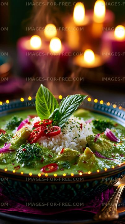 Colorful bowl of curry with rice and herbs on a table with candles