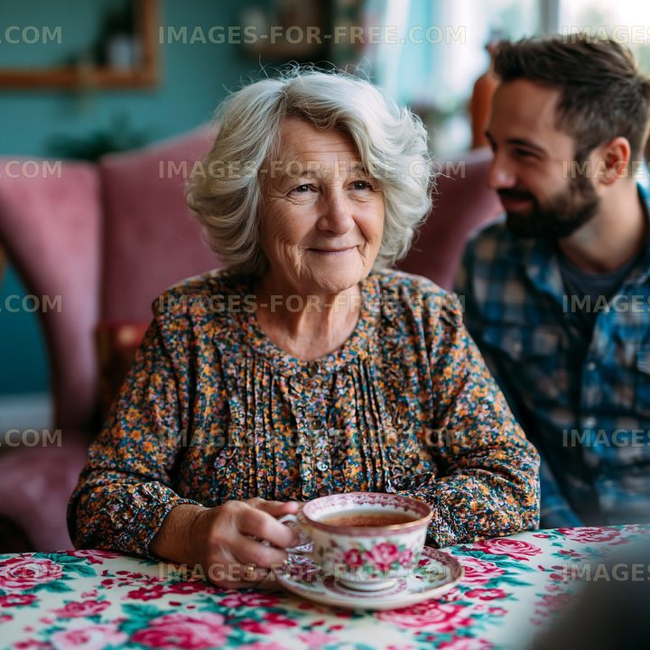 Elderly woman enjoys tea while talking with a younger man