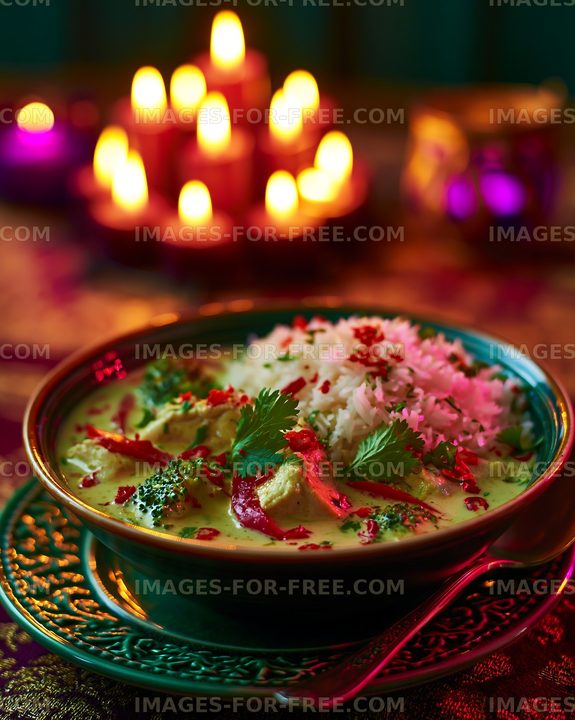 Warm bowl of curry with rice served at a festive dinner