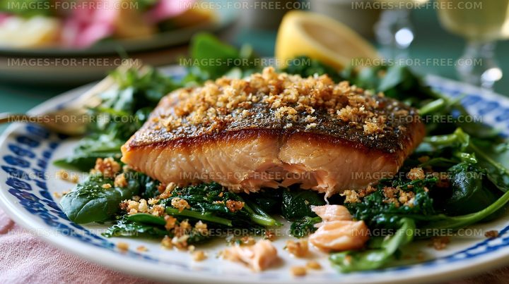 Salmon fillet served on a bed of spinach with bread crumbs
