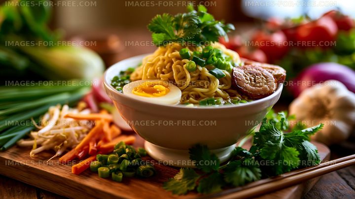 Noodle bowl with vegetables and herbs on wooden table
