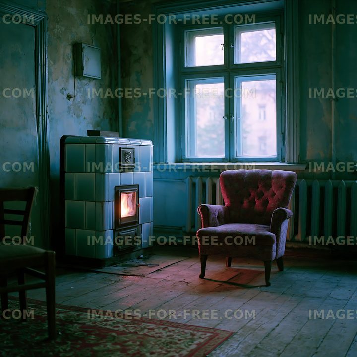 Cozy room with a vintage chair and a stove near a window