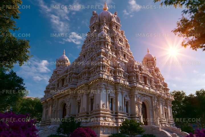 Hindu temple with intricate architecture at sunset