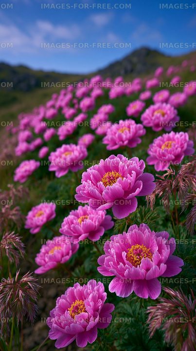 Blooming pink flowers on a hillside under a clear blue sky