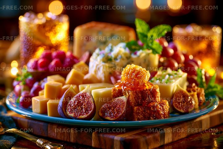 Cheese and fruit platter with honey and nuts for evening gathering