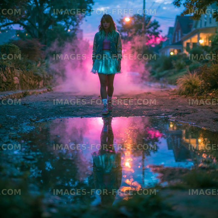 Woman stands in street with colorful smoke and reflections at dusk