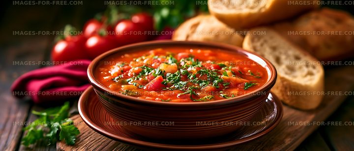 Delicious soup served with bread and fresh tomatoes on the table