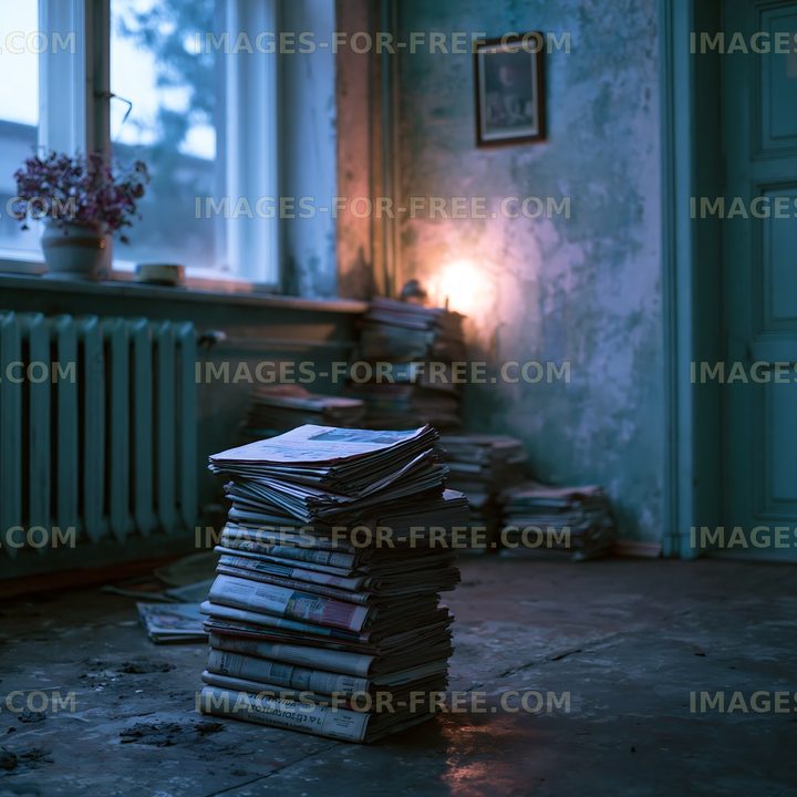 Old newspapers stacked in a dimly lit abandoned room