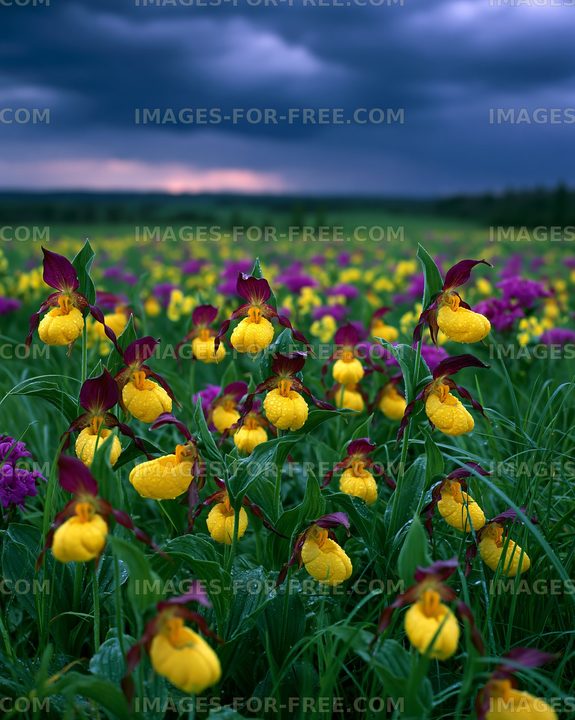 Yellow and purple wildflowers bloom under dark clouds