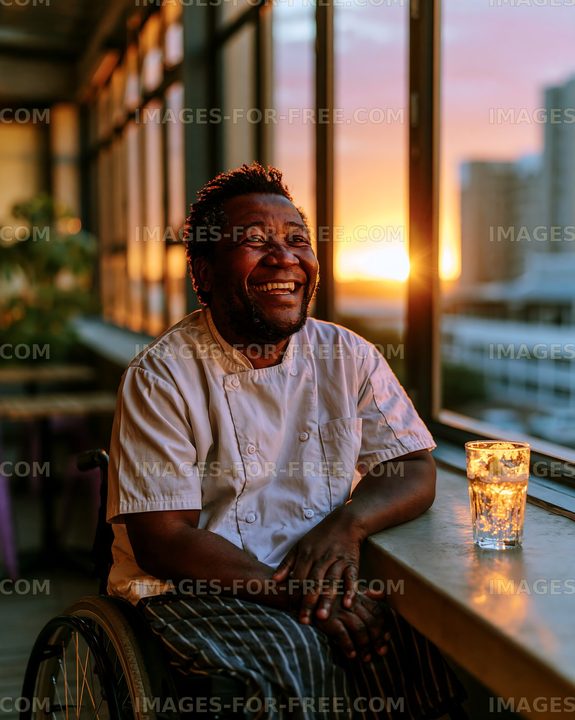 Chef enjoys sunset while sitting in a restaurant by the window