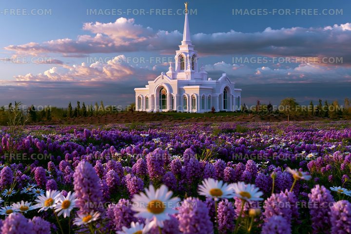 Flower field with white church and clouds at sunset