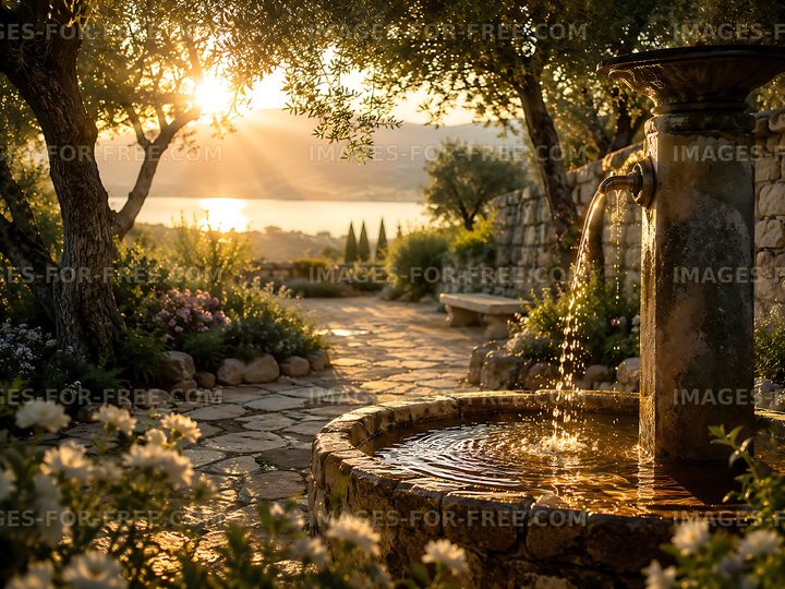 Sunset over a garden with a fountain