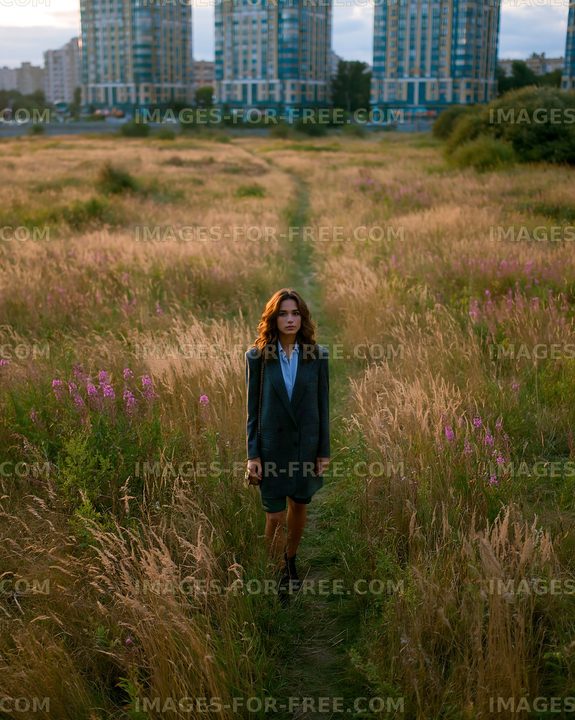 Woman walking on path through tall grass near buildings