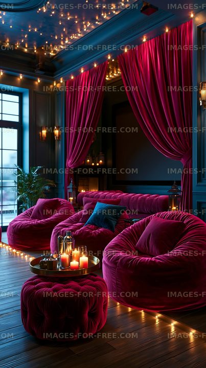 Cozy seating area with pink chairs and warm lighting
