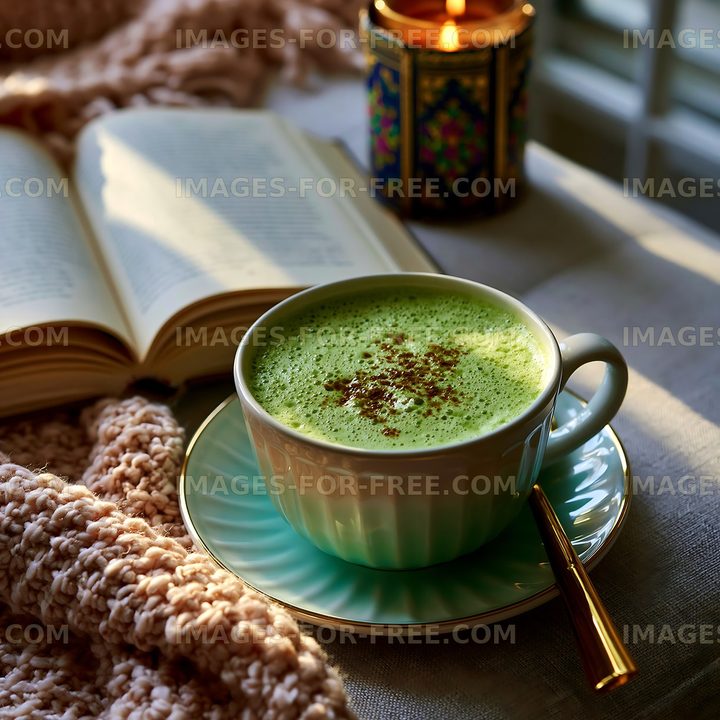 Warm drink and book on a cozy table with warm light