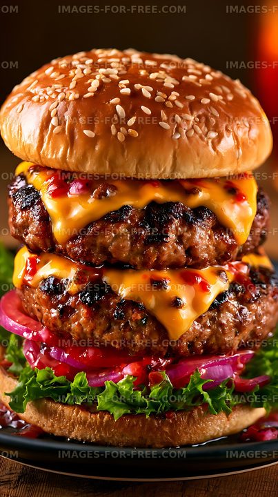 Juicy double cheeseburger with fresh toppings on a black plate