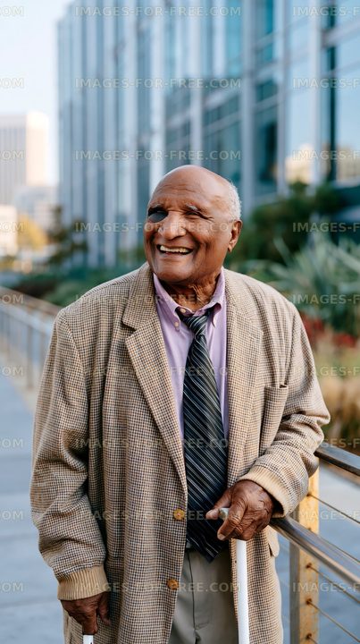 Smiling elderly man standing outdoors in urban environment