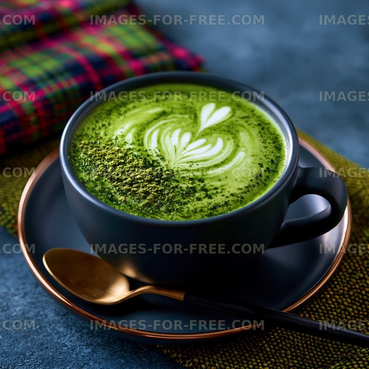 Matcha tea with latte art in a black cup on a blue surface