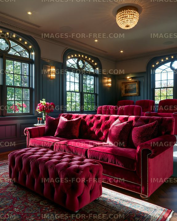 Luxurious red velvet sofa in an elegant room with large windows