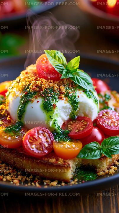 Burrata cheese with cherry tomatoes and basil leaves on a plate