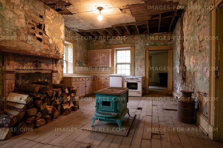 Old kitchen with peeling walls and vintage stove in a vacant house