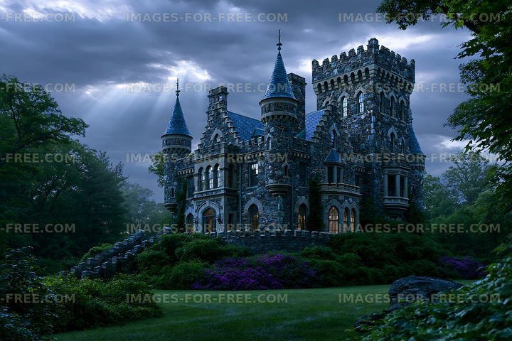 Majestic stone castle surrounded by trees and dark skies