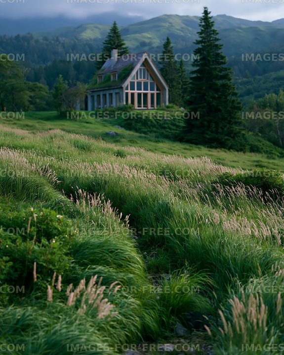 Green meadow with a house surrounded by trees and mountains