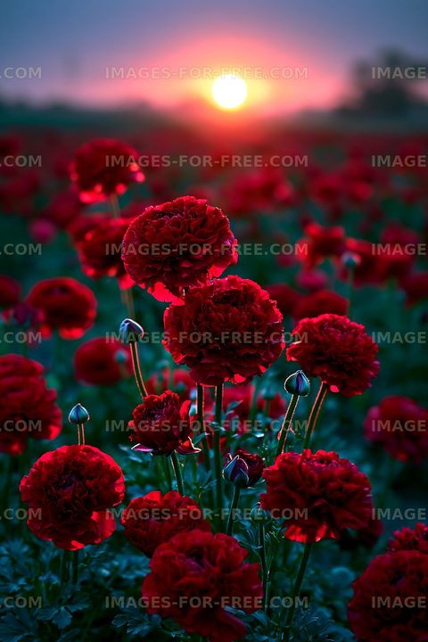 Sunset over red flowers in a field