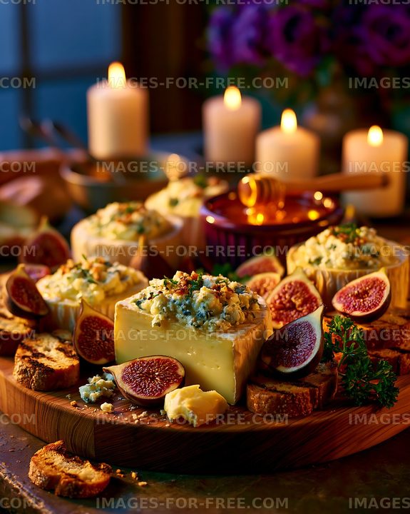 Cheese platter with figs and bread on a wooden board
