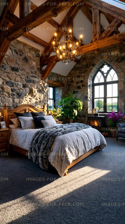 Cozy bedroom with stone walls and wooden beams in a modern setting