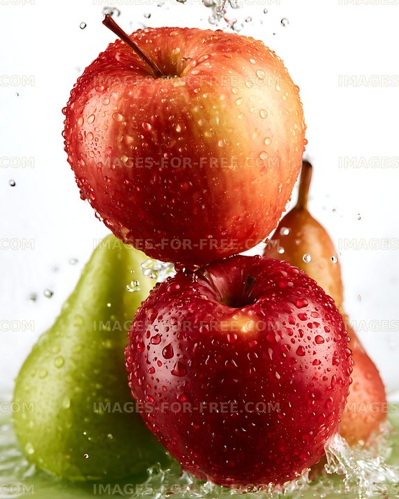 Fresh apples and pears splash in water against a light background