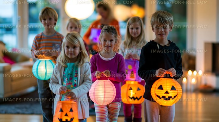 Children holding colorful lanterns during a festive indoor gathering