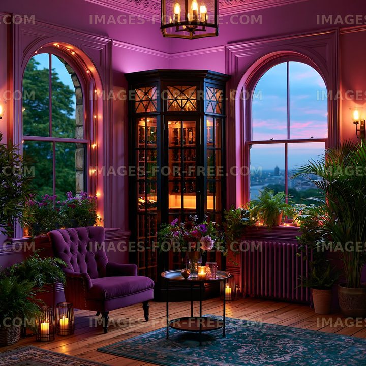 Cozy interior room with purple walls and a view at sunset