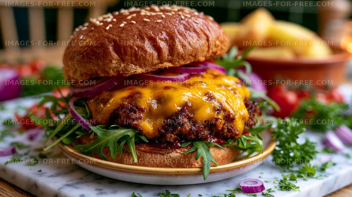 Juicy cheeseburger served with fries on a wooden table