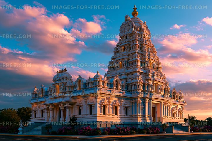 Beautiful temple under a colorful sky at sunset