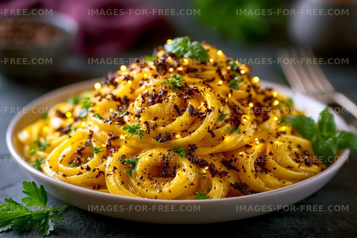 Delicious pasta dish with herbs and spices on a dark background
