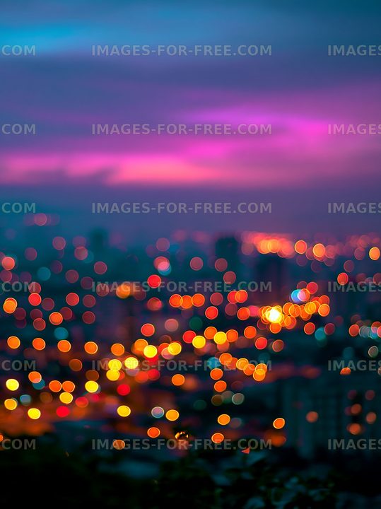 City lights at dusk create a colorful scene in the background