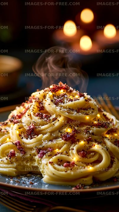 Pasta dish with steam and cheese on a dark table