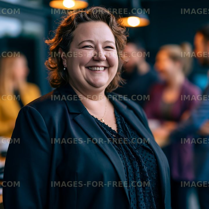 Woman smiling in a business setting with colleagues in background